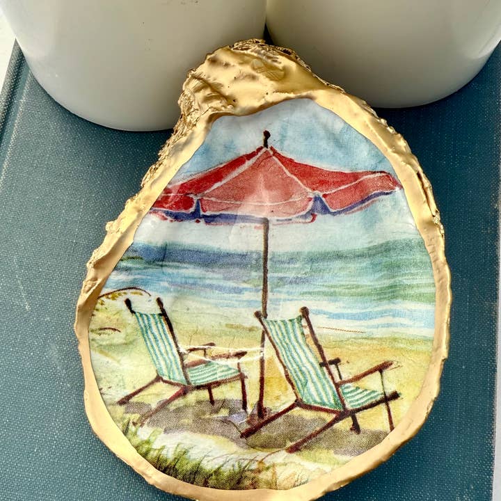 Decoupage Oyster Ring Dish--Seaside Beach Chairs for wholesale by Place of Grace Designs