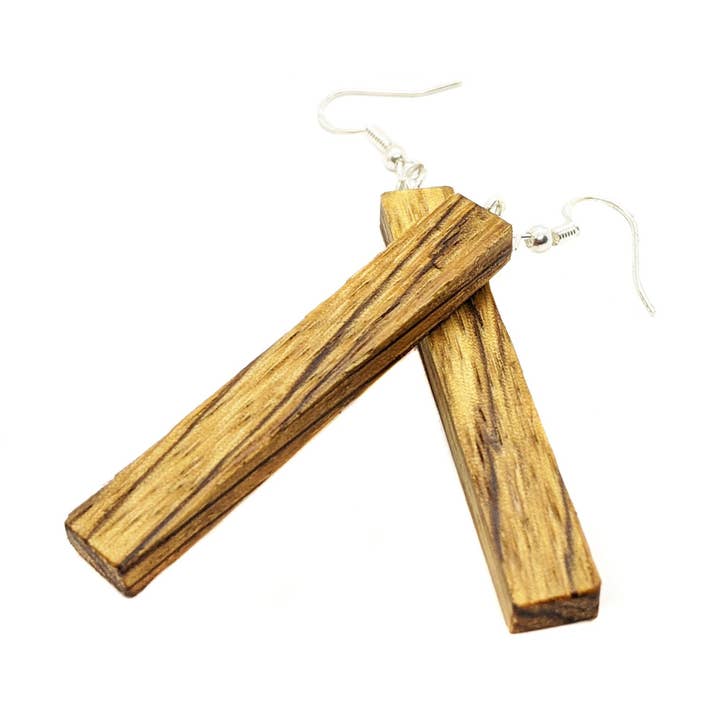 Zebrano wood dangle earrings in sterling silver for wholesale by Bog and Brass