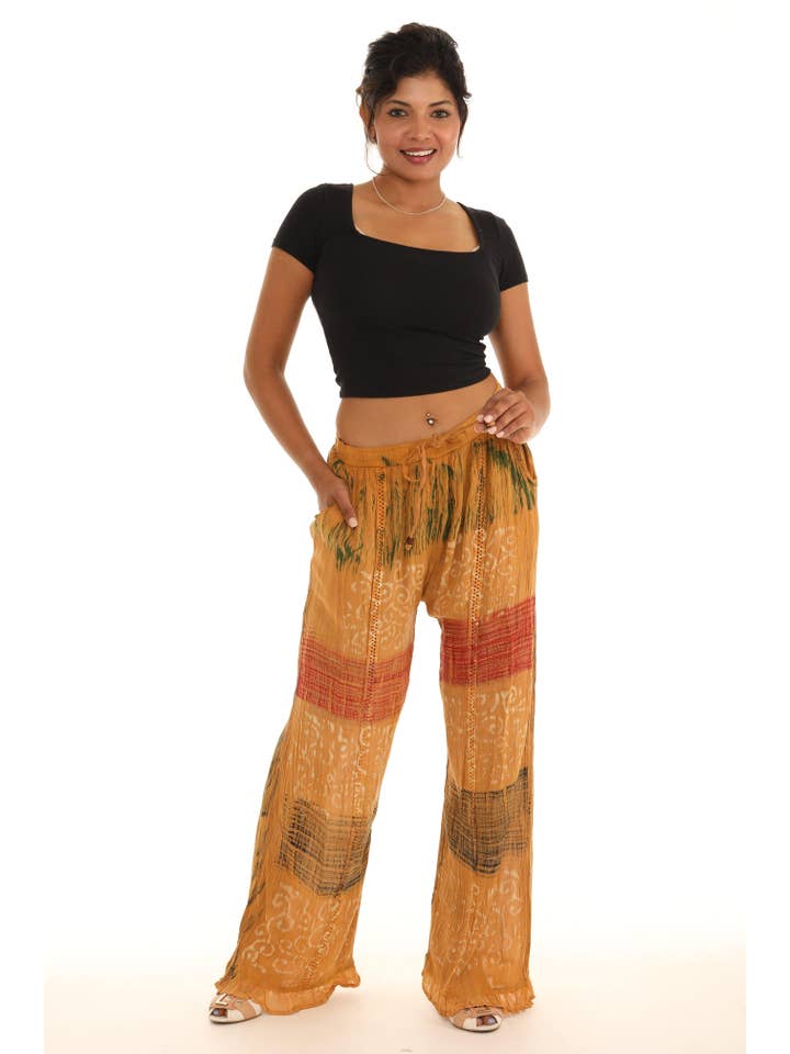 GOLD Boho Tie Dye Floral Batik Print Pants for wholesale on Faire2