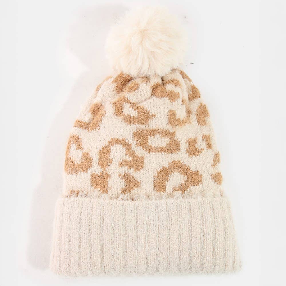 Collections by Fame Accessories - Wholesale Beanie - Women's - Leopard Print Fuzzy Pom Beanie1