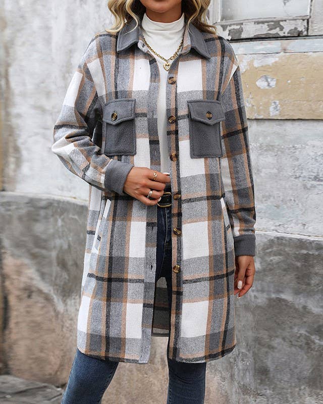 HIDDENBRAND - Wholesale Coat - Women's - Brushed Plaid Long Coats With Pockets3