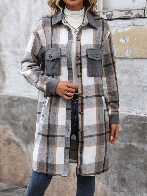 HIDDENBRAND - Wholesale Coat - Women's - Brushed Plaid Long Coats With Pockets3