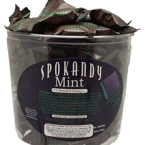 1.5lb Chocolate & Green Mints in Tub for wholesale by Spokandy Chocolatier