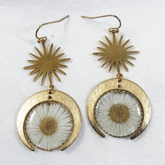 Kyrith - Brass Sun And Moon Daisy Dangle Earrings for wholesale by Grab Bag Botany