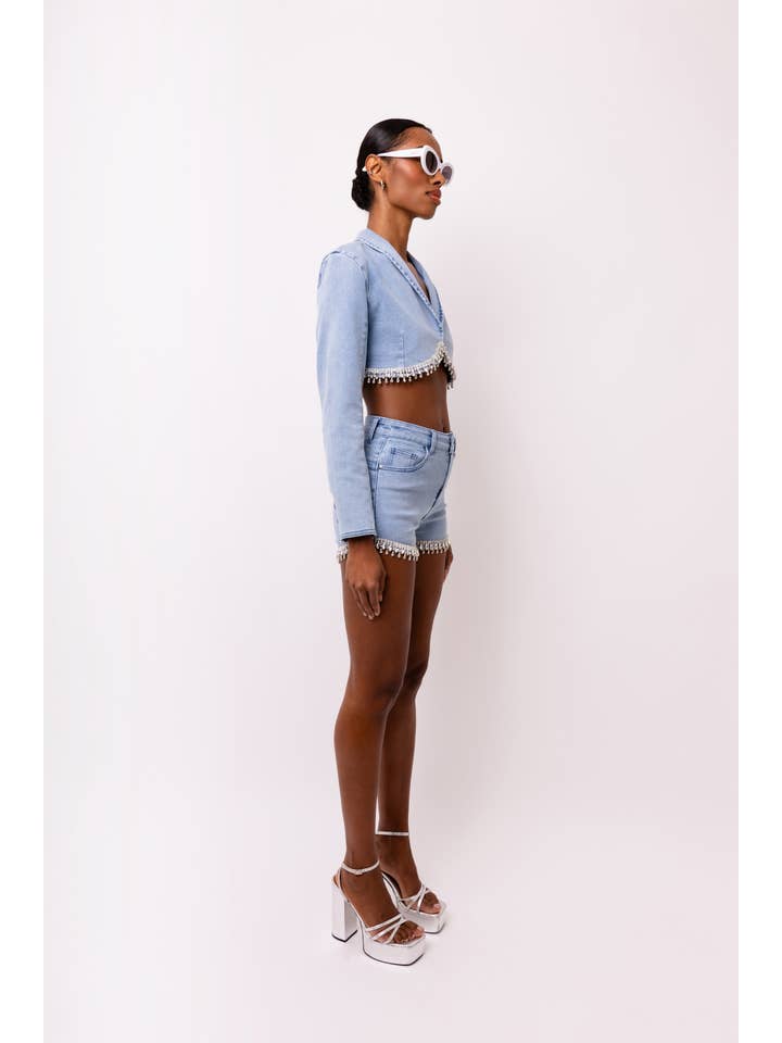 Blau Bae Stretch-Jeansshorts mit Strassverzierung für den Großhandel auf Faire5