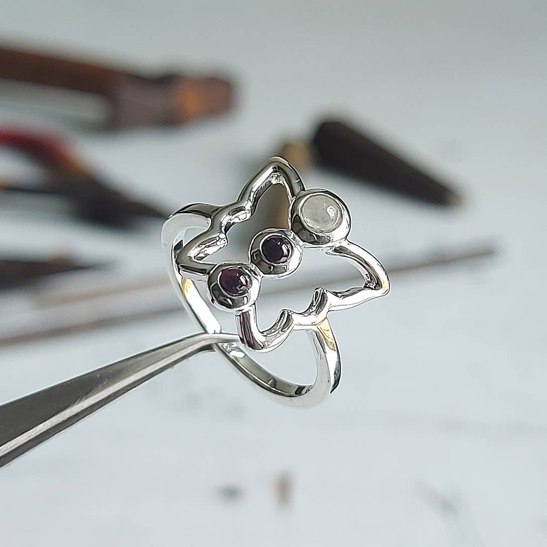 Crystal Earth Sterling - Wholesale Cocktail/Statement Ring - Natures Butterfly Sterling Ring  - Rainbow Mn & Garnet0