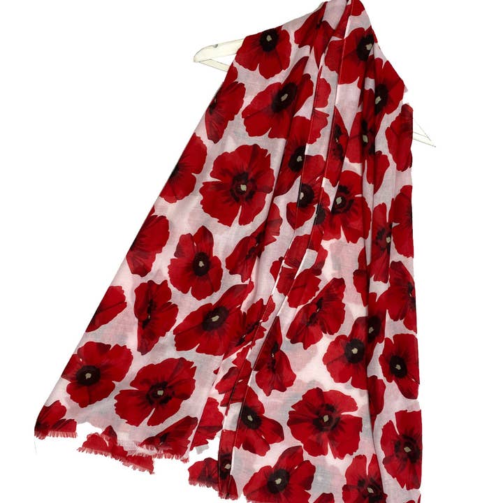 Fashion Scarf World - Wholesale Scarf - Women's - Bold Red Poppy Print Frayed Scarf