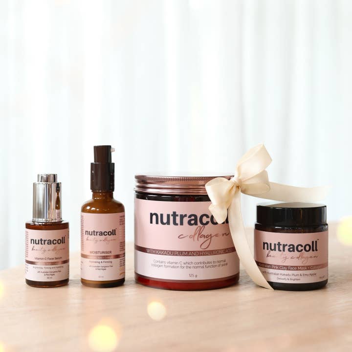 Nutracoll Nourish to Flourish Pamper Pack - Vitamin C Serum, Moisturiser, Collagen Powder & Pink Clay Mask for wholesale by Gelpro Australia