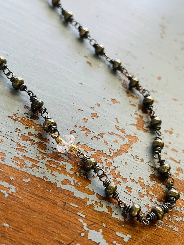 Colar de Prata Esterlina e Ouro 10K com Pirita e Diamante Herkimer por atacado de Peaces of Indigo