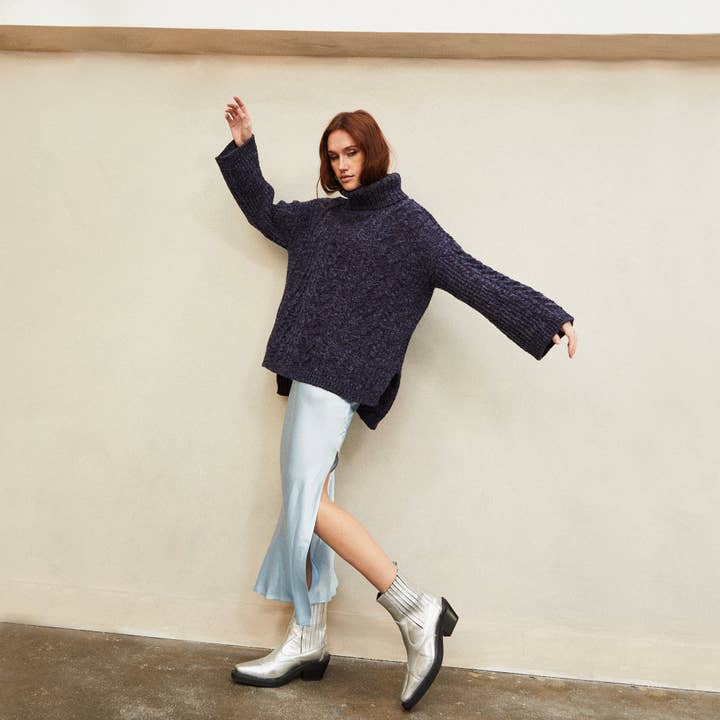 Cara & The Sky - Wholesale Knit Sweater - Women's - Emily Cable Roll Neck Tunic Jumper - Navy Blue9