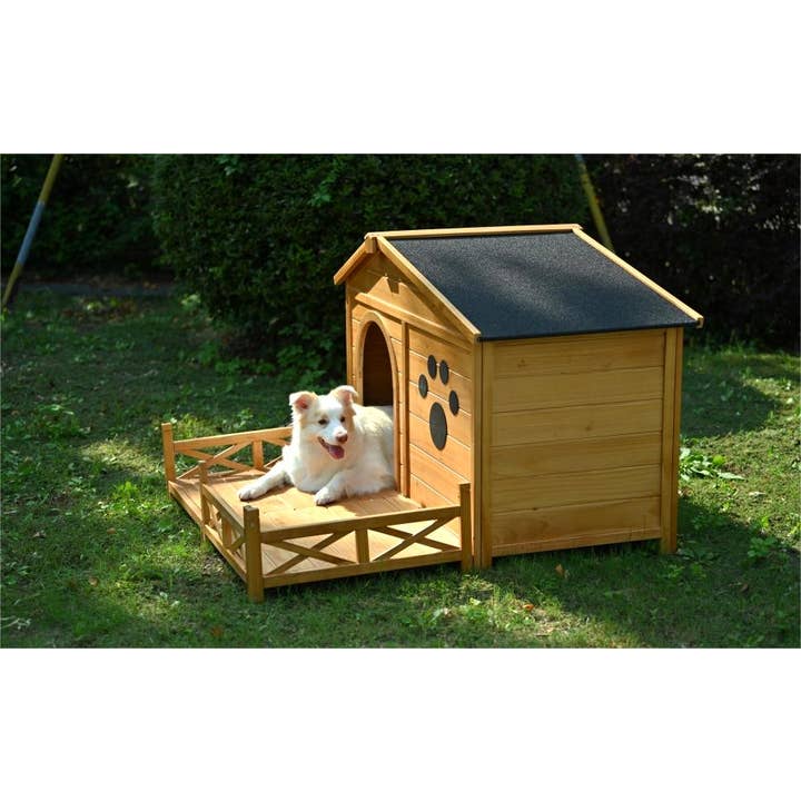 Natural Wooden Dog House with Porch, Water-Resistant Roof & Fencing for wholesale on Faire