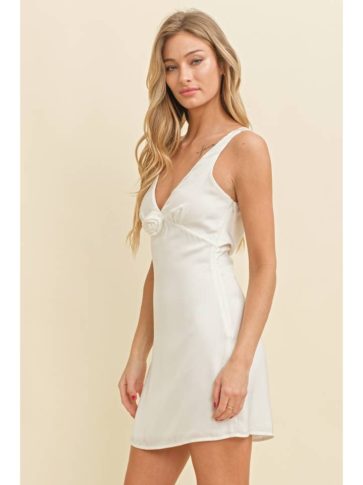 White CD11281B - ROSE DETAIL PLUNGE NECK MINI DRESS for wholesale on Faire