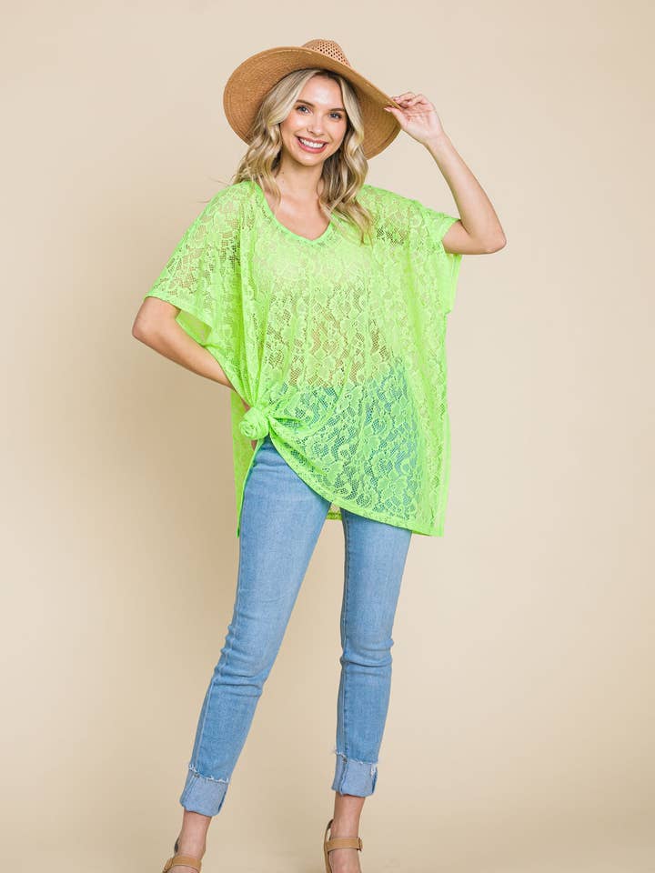 13806-Lace V Neck Drop Shoulder Oversize Top for wholesale by Cotton Bleu