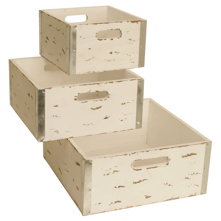 WALD IMPORTS - Wholesale Storage Bin - Set of 3 White Wood Crates