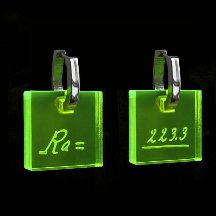 Marie Curie Handwriting Earrings - Radium for wholesale by Bold Standard