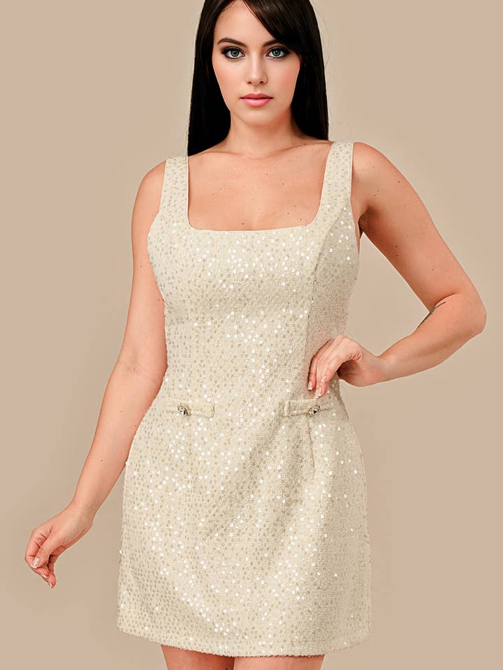 AD30333N_SQUARE NECK TWEED SEQUIN W/ ORGANZA MINI DRESS for wholesale by PRIVY