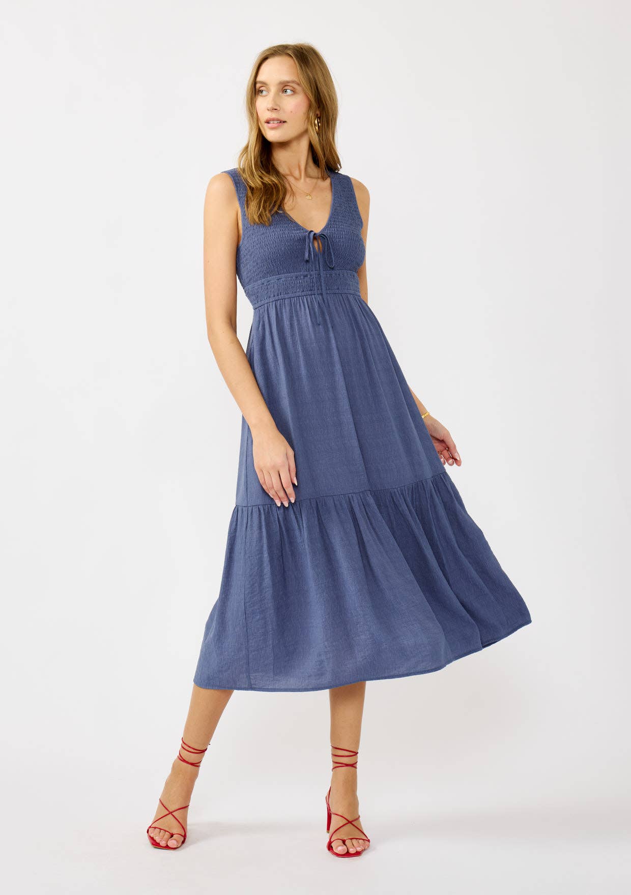 Slate Blue Flowy Tiered Midi Dress with Side Pockets for wholesale on Faire4