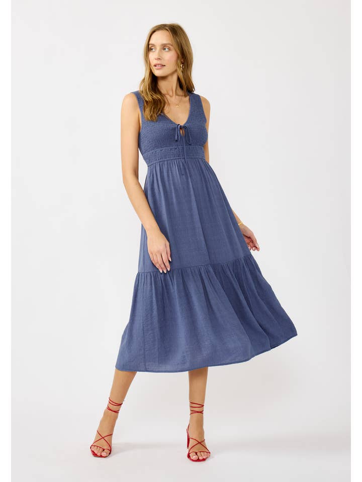Slate Blue Flowy Tiered Midi Dress with Side Pockets for wholesale on Faire4