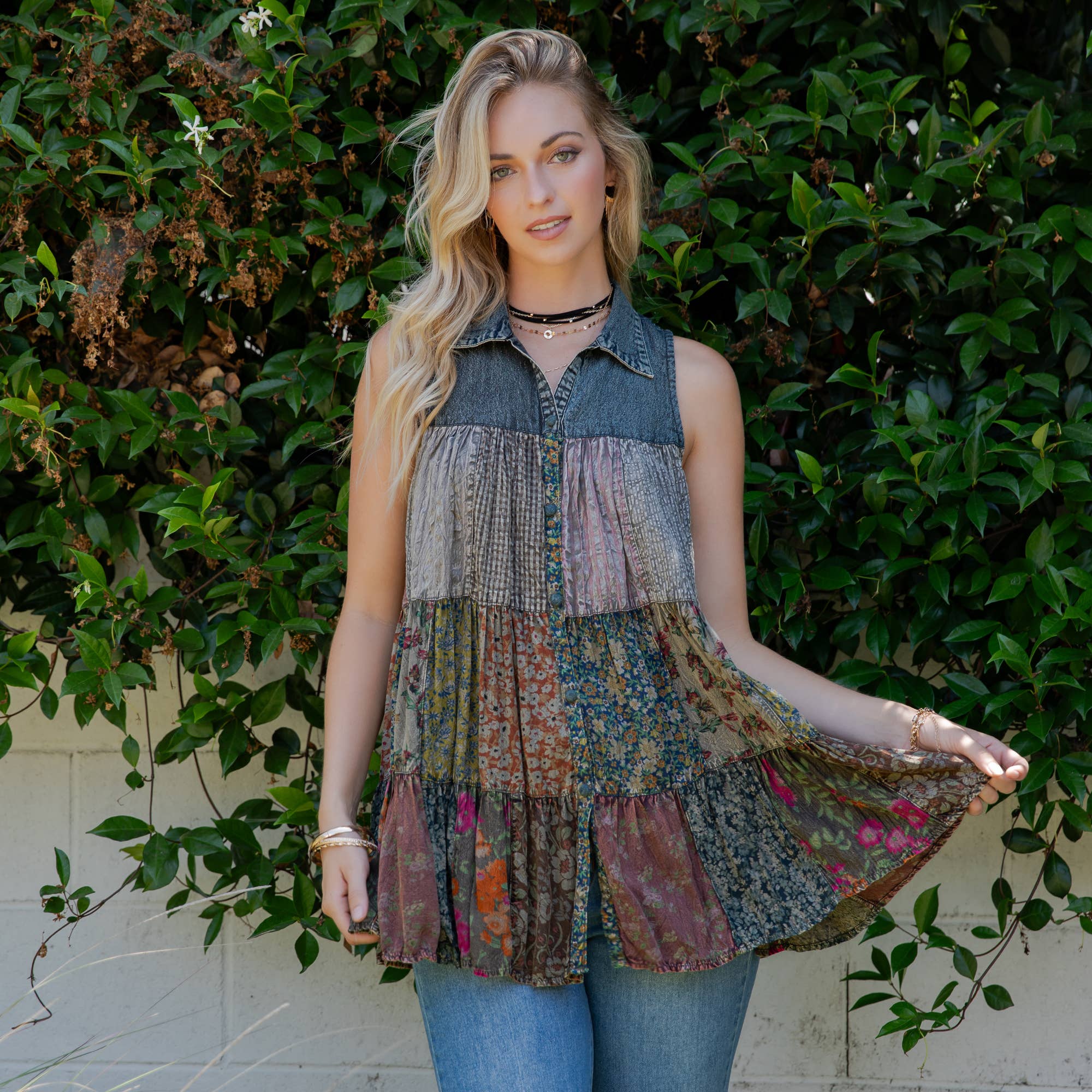 Young Threads - Wholesale Button Down Shirt - Women's - Boho Chic Nomad Patchwork Buttondown Top Sleevel (New Color)50