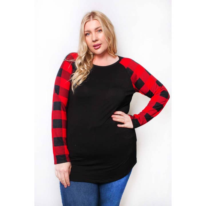 TOP DE MANGA RAGLÁN A CUADROS EN CONTRASTE CON CUELLO REDONDO Y TALLA GRANDE para venta al por mayor de Curve Market