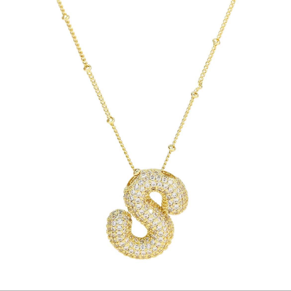 The Classy Cloth WS - Wholesale Pendant/Charm Necklace - Jeweled Cz Bubble Letter Initial Necklace - Gold RTS17