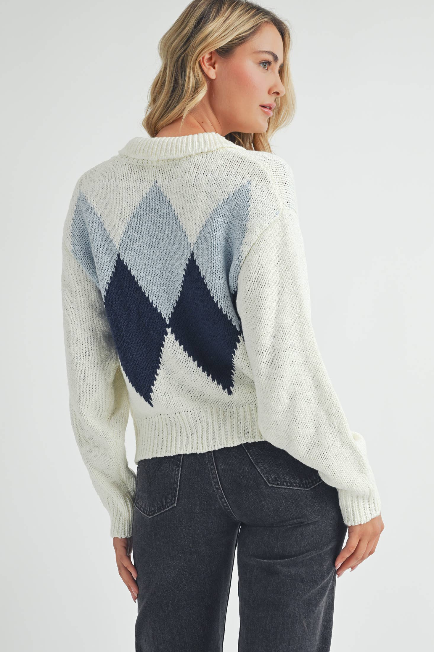 IVORY BLUE Argyle Pattern Cardigan. for wholesale on Faire5