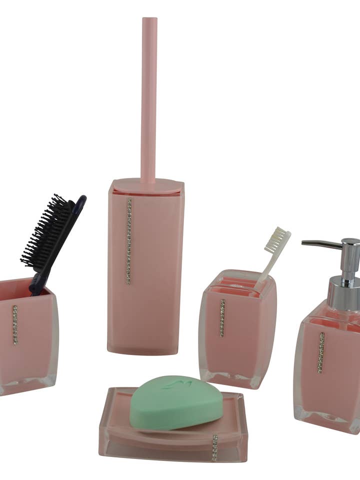 6-PC BATHROOM SET, PINK W/ CRYSTALS for wholesale by Three Star IM/EX Inc.
