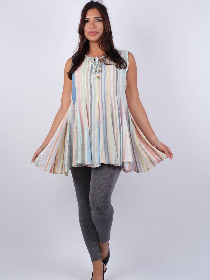 Top de verano sin mangas acampanado de rayas etéreas de colores para venta al por mayor de Sacred Threads