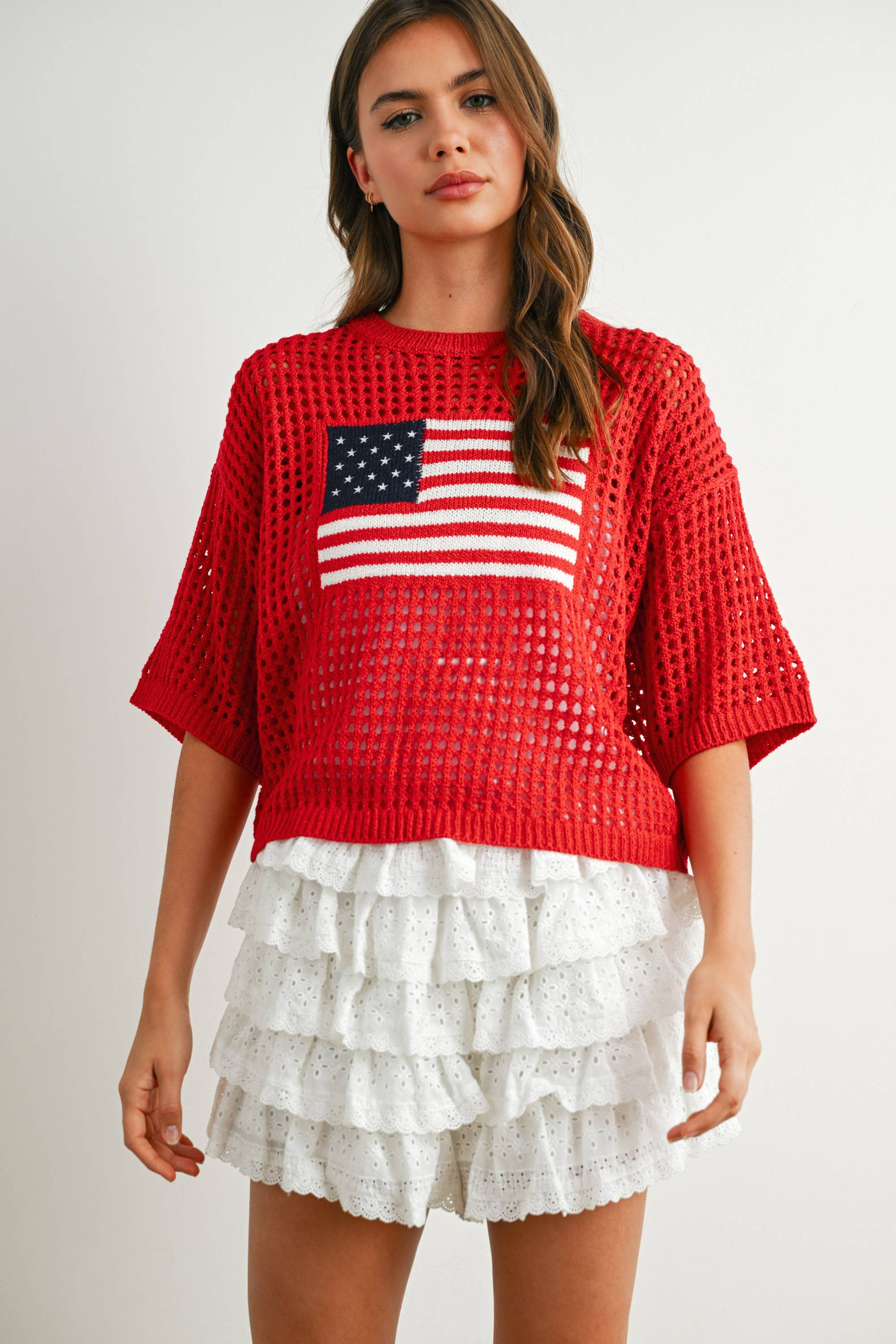 BUTTERMELON - Wholesale Knit Top - Women's - Flag Print Open Knit Crochet Sweater Top - BMW773525