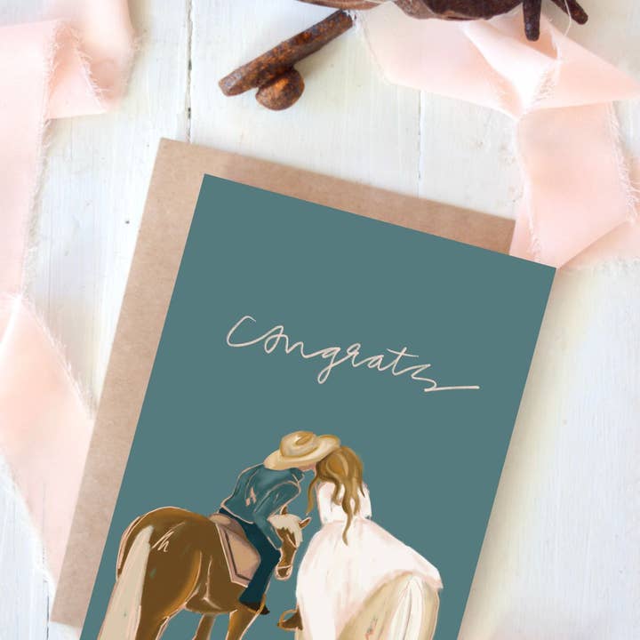 Tirzah Lane Art - Wholesale Wedding Card - Congrats Horseback Bride and Groom Wedding Card
