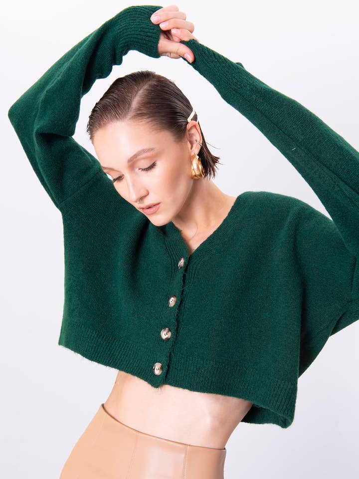 17062-Front Button Closure Short Cardigan - Green for wholesale by BSL