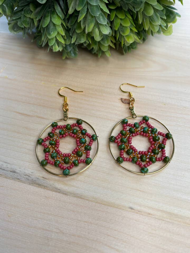 Cranberry and Green Dream Catcher Earrings for wholesale by Hazel Earth Design