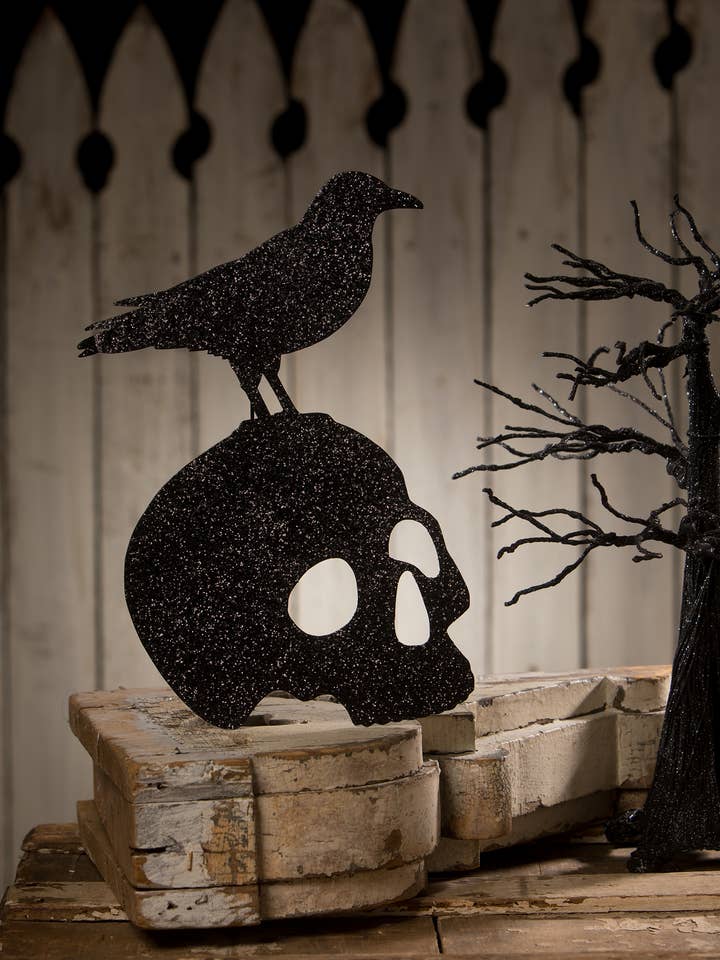 Halloween Crow on Skull Silhouette for wholesale by Bethany Lowe Designs