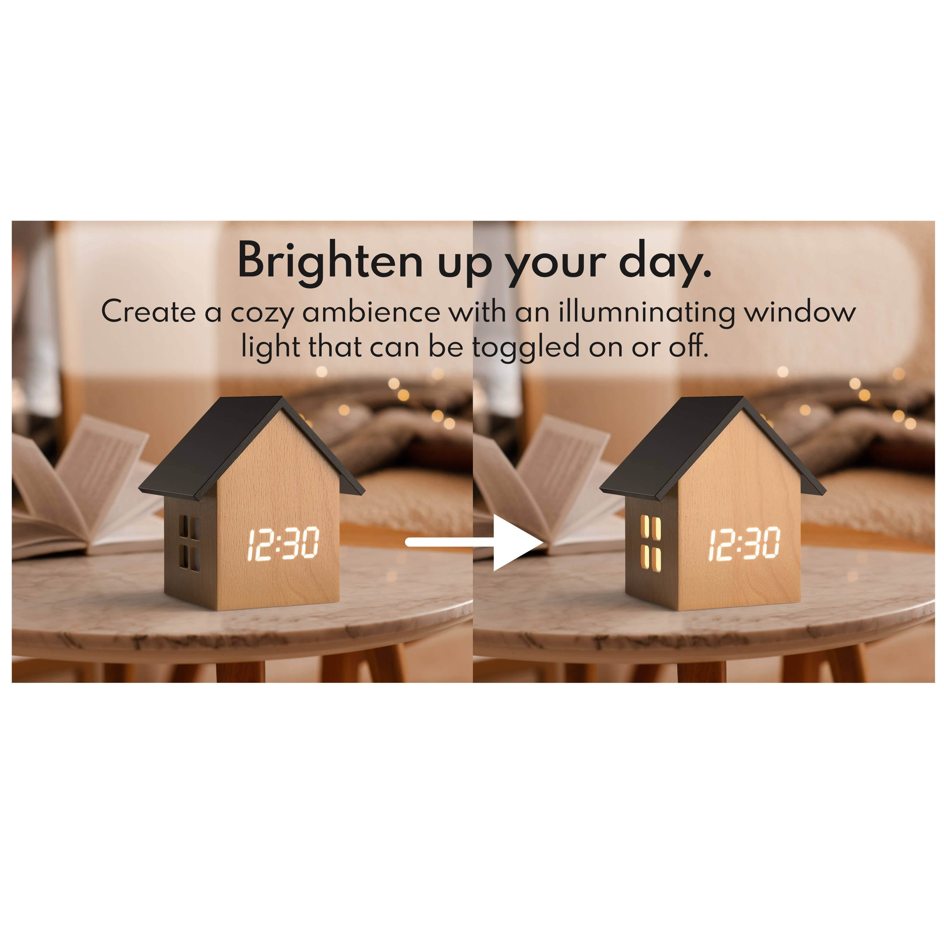 Driini - Wholesale Alarm clock - Driini Digital House Alarm Clock with House Light (Brown)1