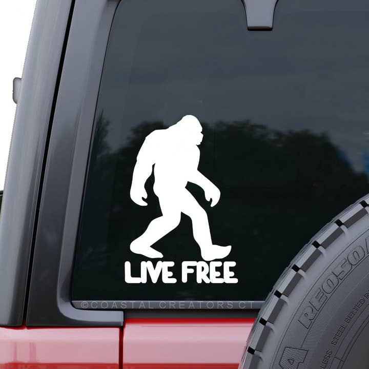 Coastal Creators of Connecticut - Wholesale Sticker - Bigfoot Sasquatch "Live Free" Window Decal (White, Packaged)