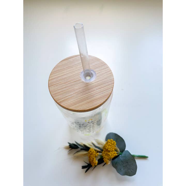 Wilderness Grace – wholesale Drinking glass/cup – Yellow Floral Glass Can with Bamboo Lid & Straw1