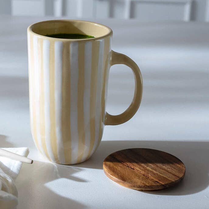 Handmade Tall Ceramic Striped Mug with Lid for wholesale by Kudrati LLC