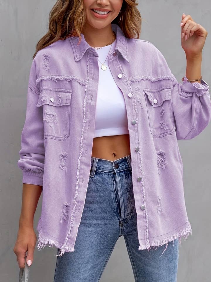 HIDDENBRAND - Wholesale Denim Jacket - Women's - Ripped Loose Denim Jacket
