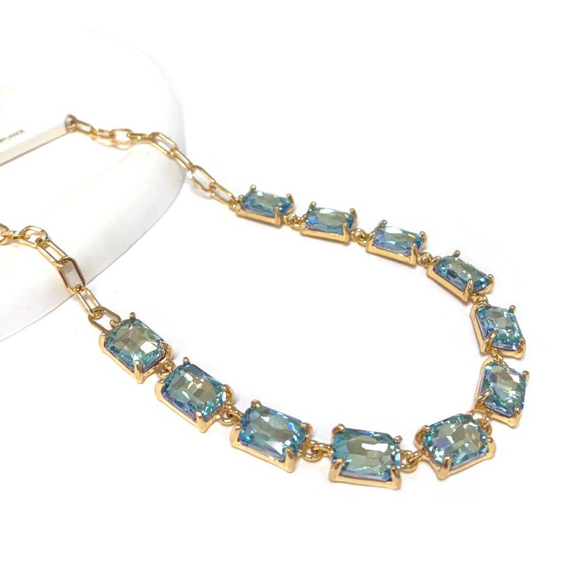 StarryNYC - Wholesale Link & chain necklace - Rectangle Crystal Glass Linked Statement Chain Necklace 16