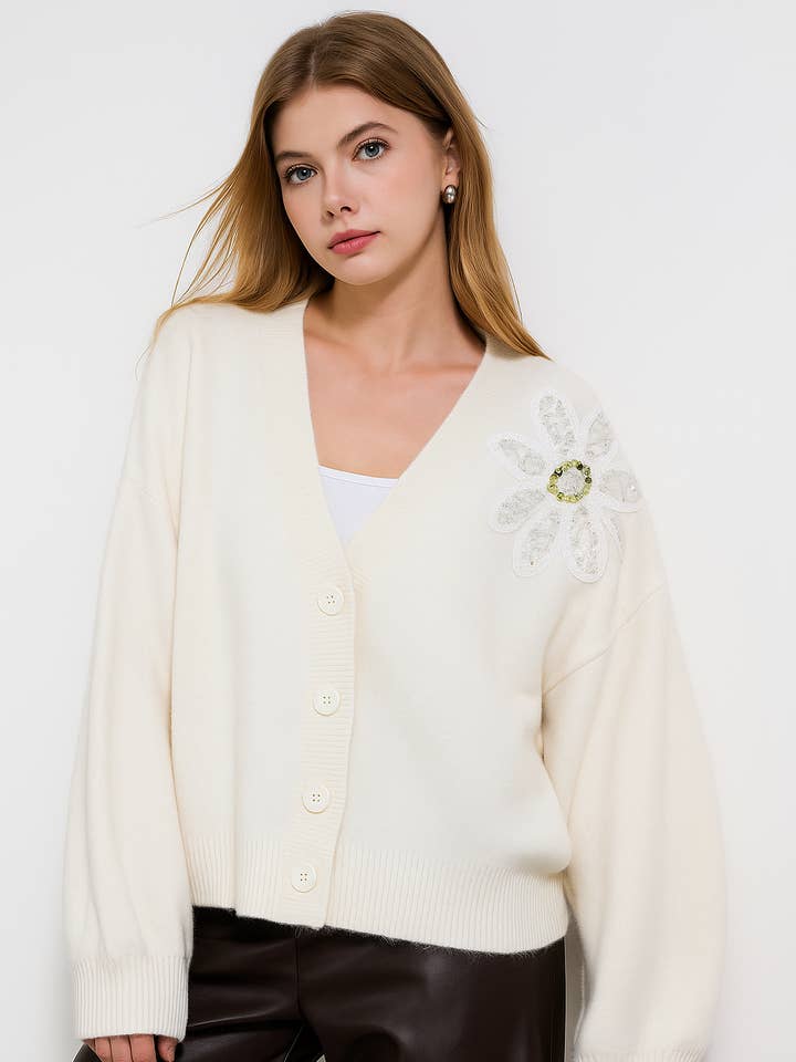 CARDIGAN A MAGLIA CON 4 BOTTONI E DECORAZIONI CON PAILLETTES per la vendita all'ingrosso da parte di Lucy Sparks