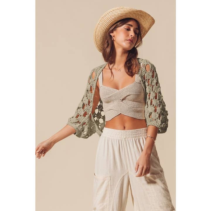IVE - Wholesale Cardigan - Women's - OPEN NET CROCHET SUMMER CROP SHRUG CARDIGAN