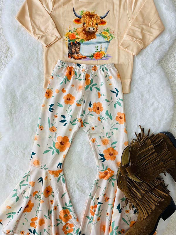 Cow pullover sweatshirt floral pant western girls set for wholesale by luluclothes