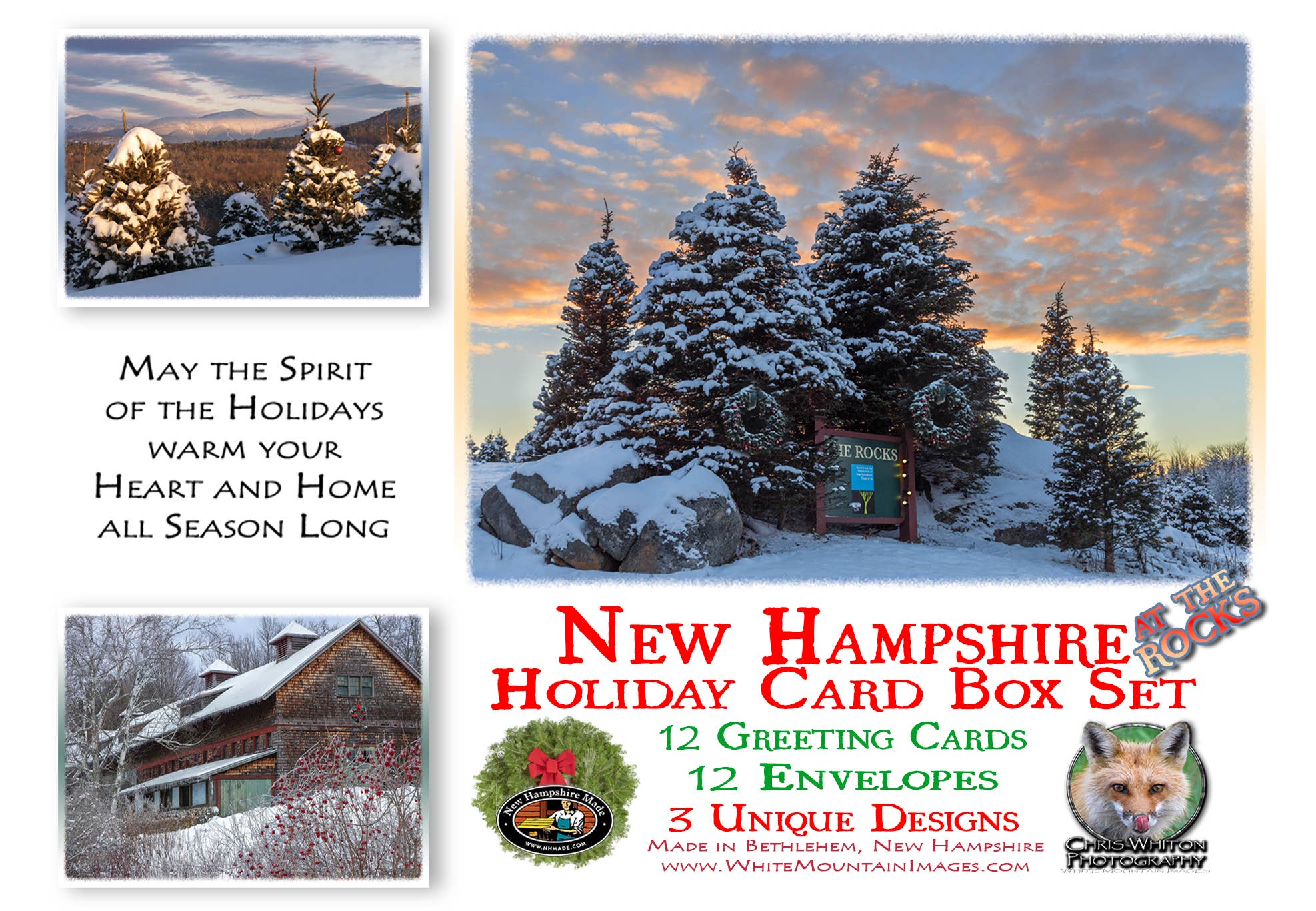 White Mountain Images – Großhandel Weihnachtskarte – New Hampshire Holiday Wood Box-Set, 3, 12 Karten, 12 Umschläge0