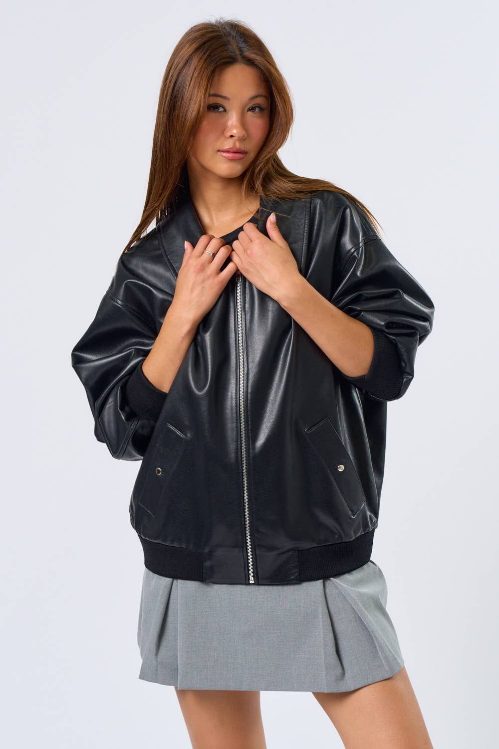 Black IBT31859 Zip-Up PU Leather Jacket for wholesale on Faire5