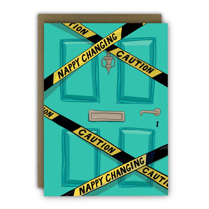 RUNNING WITH SCISSORS - Wholesale Baby Card - Funny New Baby Card - A6 - Nappy Changing  Caution Tape Door