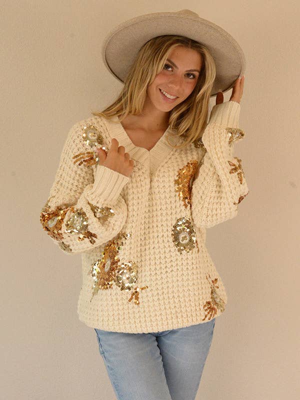 Ambiente - Wholesale Knit Sweater - Women's - V-NECK TEXTURED SWEATER WITH SEQUIN APPLIQUES - W2309JO279186