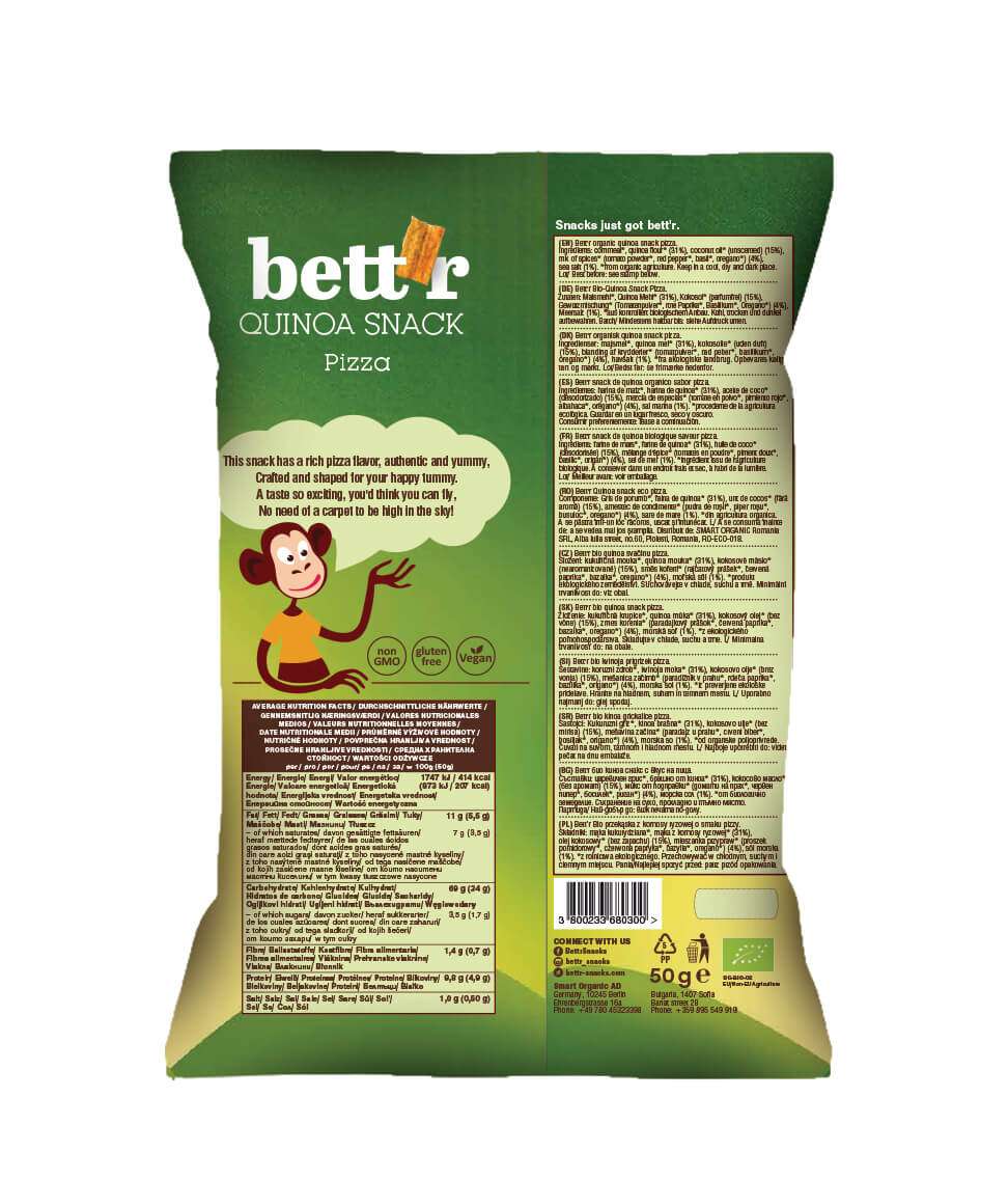 Smart Organic - Vendita all'ingrosso Snack soffiati - Snack di quinoa al gusto pizza biologico Bett'r, 50 g1