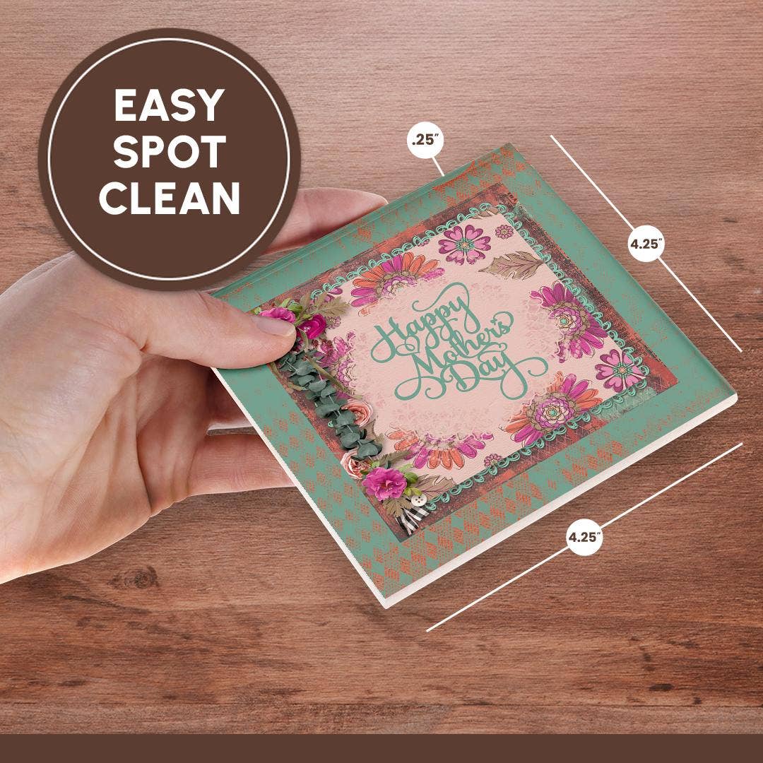 3dRose – wholesale Coasters – 3dRose, Image of Happy Mothers Day, Flora Frame, Pink, Green, Coaster6