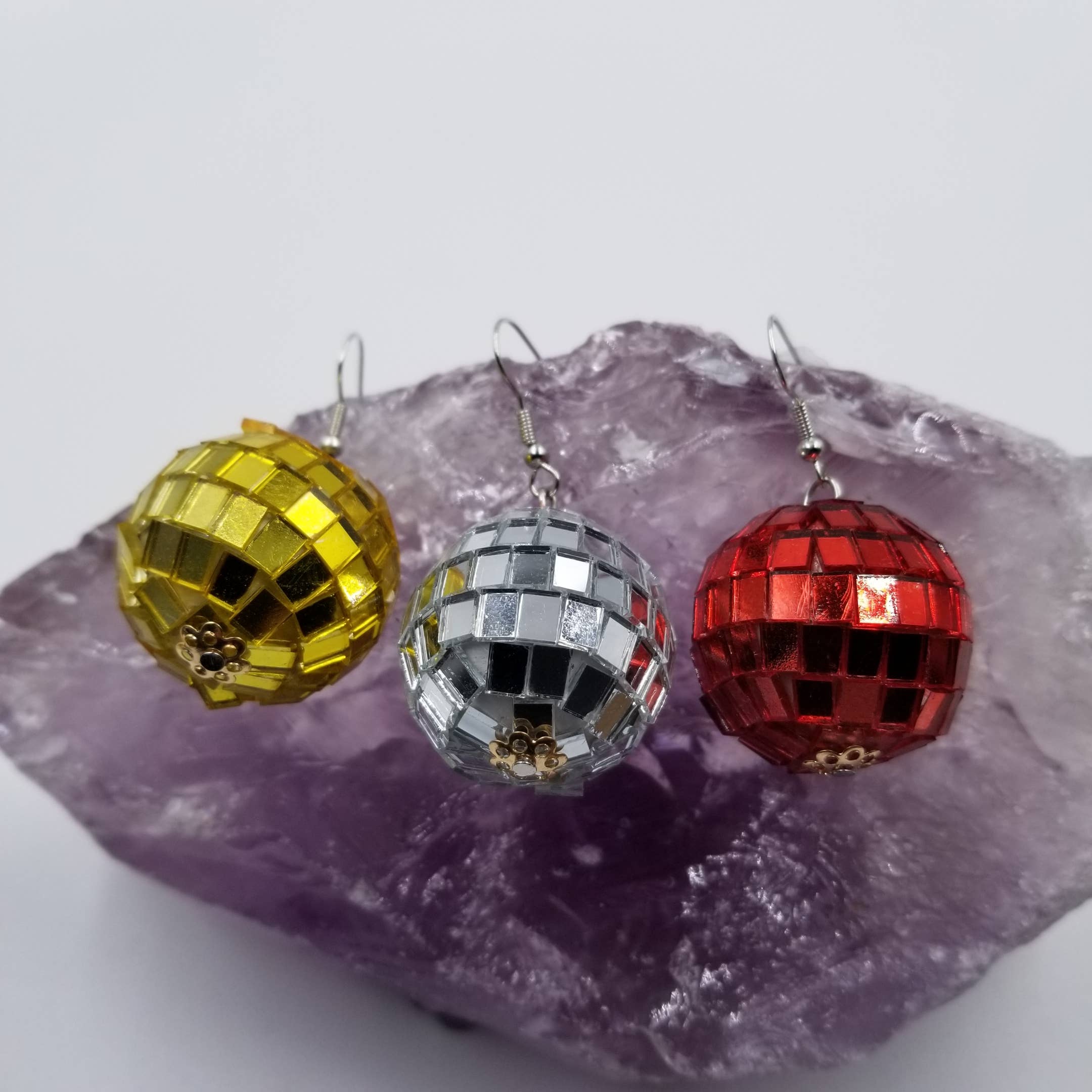 magnolia jewelry – wholesale Dangle earrings – Large Disco Ball Earrings - Silver or Red or Yellow1