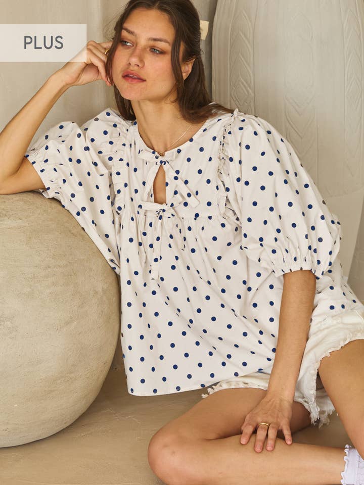 Plus Polka Dot Bluse med Pufærmer for engroshandel hos Oddi